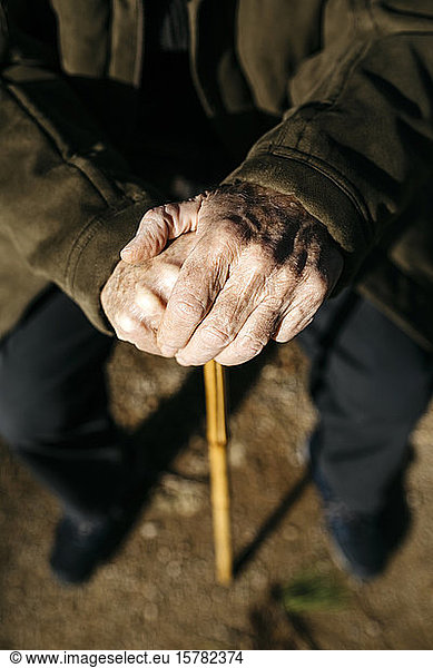 Old man's hands resting on his cane  close up