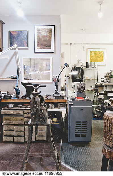 Old manufacturing machinery in jewelry workshop
