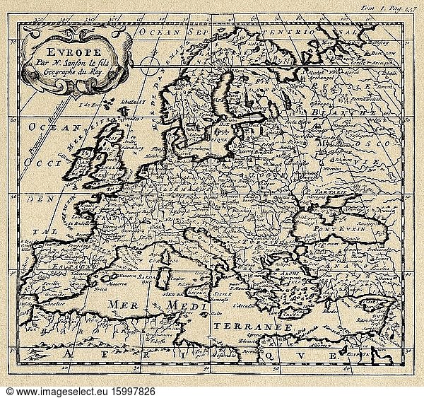 Old map of Europe of 1660. Europe par N. Sanson le fils Geographe du Roy.
