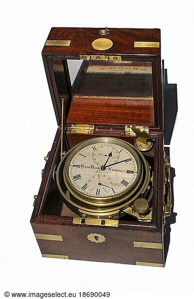 Old marine box chronometer in wooden casing  specialized timekeeper  timepiece  navigation equipment for determining longitude at sea