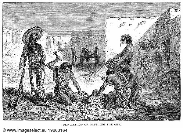 Old Method of Crushing the Ore at a silver mine  apparently using slave labor. Originally published in Harper?s New Monthly Magazine December  1878