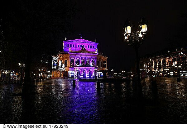 Old Opera House in purple artificial light at night  illumination  night shot  illumination  Opera Square  city centre  Main  Frankfurt  Hesse  Germany  Europe