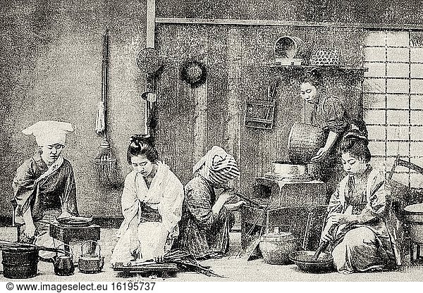 Old photograph. Japanese customs and traditions  daily life in a kitchen  Tokyo. Japan. Old XIX century engraved illustration from La Ilustracion Espa?ola y Americana 1894.