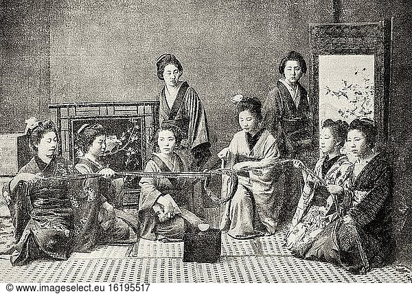 Old photograph. Japanese customs and traditions  Geishas playing the shamisen  Tokyo. Japan. Old XIX century engraved illustration from La Ilustracion Espa?ola y Americana 1894.