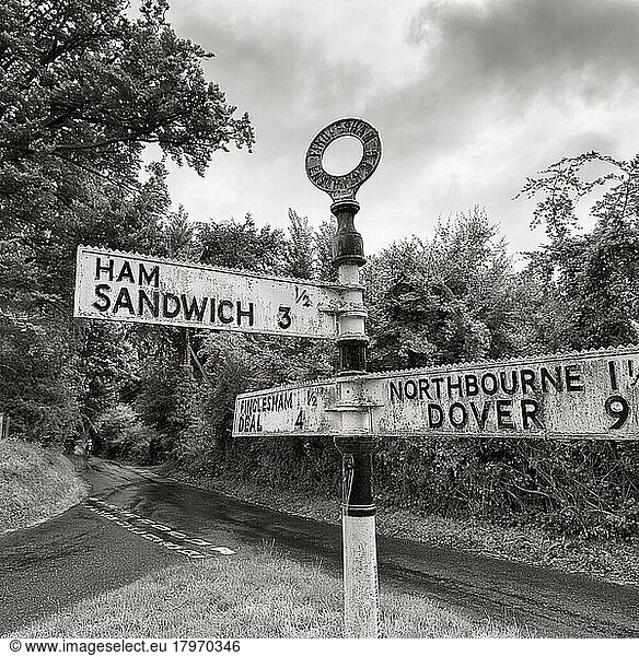 Old signs show direction and distance to Ham and Sandwich  dreary weather  Northbourne  Kent  Dover  England  United Kingdom  Europe