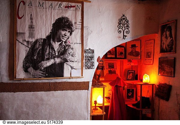 Old tavern and a portrait of flamenco singer Camaron in Castellar de la Fontera Cadiz Andalusia Spain