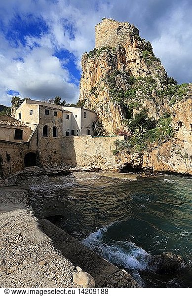 Old tower and buildings at the Tonnara di Scopello  an old tuna fishery and now a popular beauty spot  Scopello  Sicily  Italy  Europe