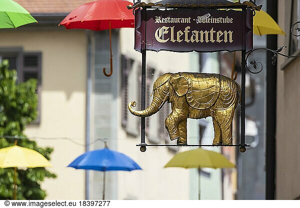 Old town of Constance  Elefant restaurant  colourful umbrellas above the pedestrian zone provide splashes of colour in the city centre  Constance  Baden-Württemberg  Germany  Europe