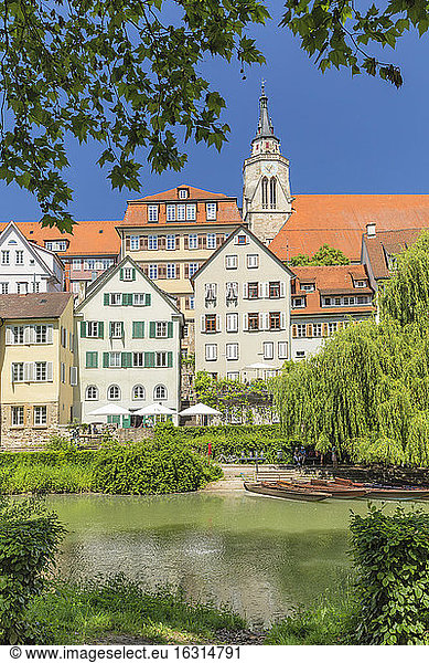 Old town with Stiftskirche church reflecting in Neckar river  Tubingen  Baden-Wurttemberg  Germany  Europe