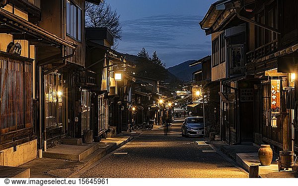 Old traditional village of the Nakasend?  Central Mountain Route in the evening  Narai-juku  Kiso Valley  Nagano  Japan  Asia