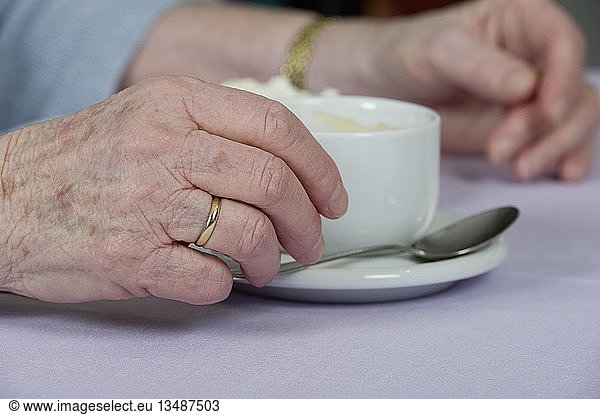Old woman's hand holding a cup of coffee  Germany  Europe