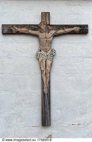 Old wooden cross  the Jesus figure is made of flat sheet metal  Neunkirchen am Sand  Middle Franconia  Bavaria  Germany  Europe
