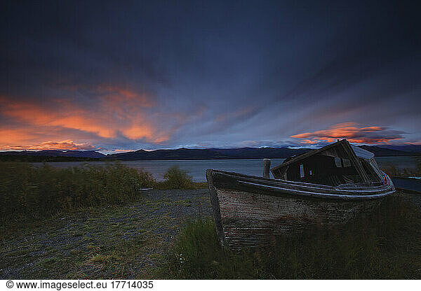 Old World War Ii Boats Along The Shores Of Kluane Lake At Sunset  Burwash Landing  Yukon