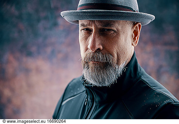 Older man with gray beard wearing a fedora