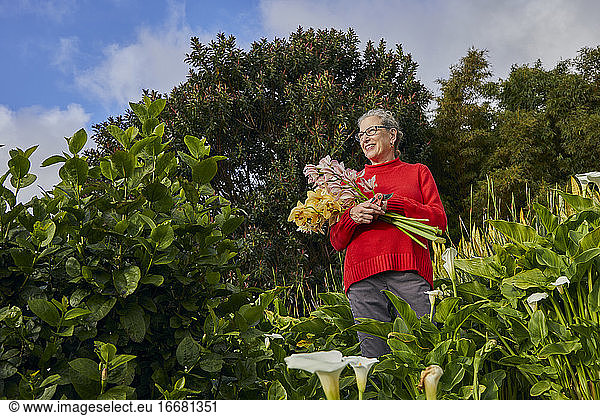 Older Woman Holding Bouquet of Fresh Cut Flowers in her Garden