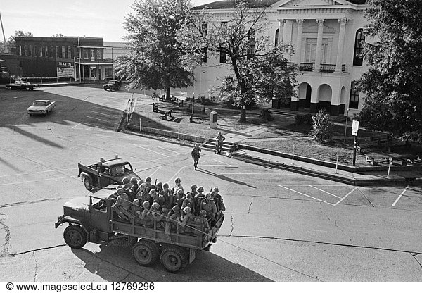 OLE MISS RIOT  1962. A US Army truck on the University of Mississippi campus in Oxford  Mississippi  prior to the riot caused by segregationists protesting the enrollment of James Meredith  the first black student. Photograph by Marion Trikosko  30 September 1962.