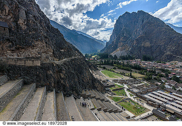 Ollantaytambo  Inca historic terraces and buildings  and view of the town from above in the Andes.