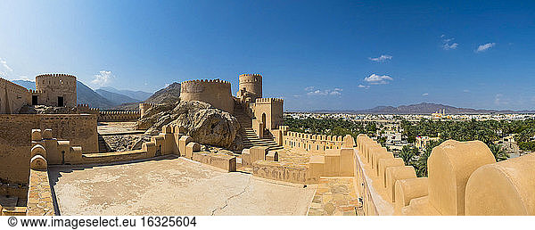 Oman  Al Batinah Region  Al Hajar Mountains  Nakhal  Fort Nakhal  oasis Nakhal and Jebel Nakhl massif