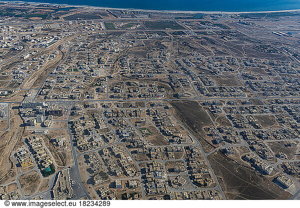 Oman  Dhofar Governorate  Salalah  Aerial view of desert city