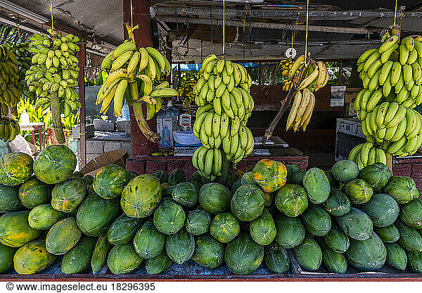 Oman  Dhofar  Salalah  Stall with fresh papayas and bananas