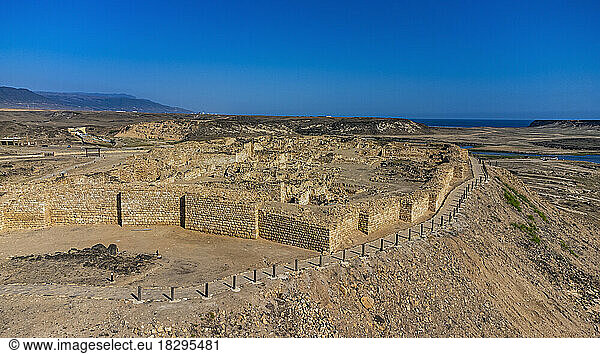 Oman  Dhofar  Taqah  Aerial panorama of ancient ruins of Sumhuram