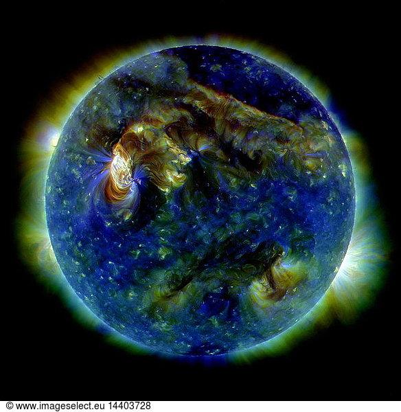 On August 1  2010  almost the entire Earth-facing side of the sun erupted in a tumult of activity. This image from the Solar Dynamics Observatory of the news-making solar event on August 1 shows the C3-class solar flare (white area on upper left)  a solar tsunami (wave-like structure  upper right)  multiple filaments of magnetism lifting off the stellar surface  large-scale shaking of the solar corona  radio bursts  a coronal mass ejection and more.