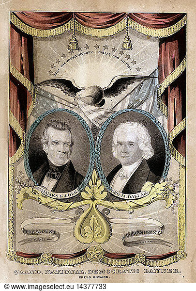One of several campaign banners Nathaniel Currier is known to have produced for the Democrats in 1844. It features two laurel-wreathed  oval portraits of Democratic presidential and vice-presidential candidates James K. Polk (left) and George M. Dallas (right). The print imitates the hanging drapes and tassels of cloth banners  aspiring to a "trompe l"oeil" effect. In the centre  above the portraits  appear an eagle and several American flags.