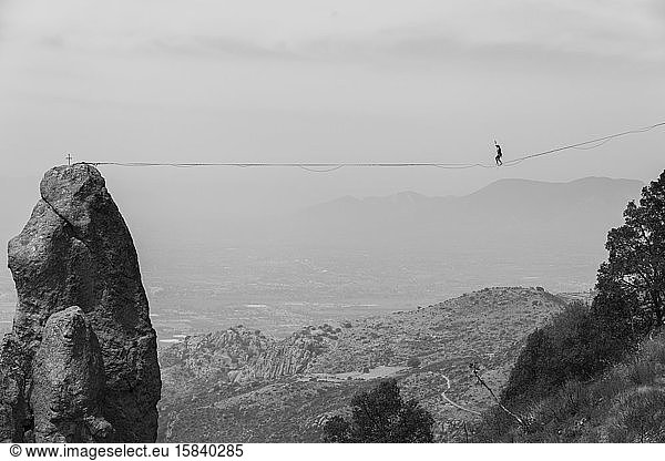 One person walks through a highline in Los Frailes  Hidalgo  Mexico