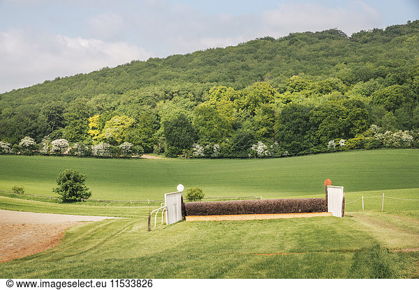 Open landscape with steeplechase horse racing course and hurdles.