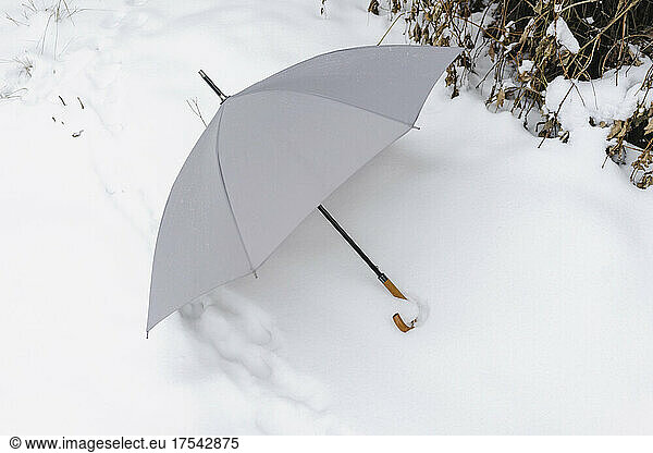 Open umbrella fallen on white snow