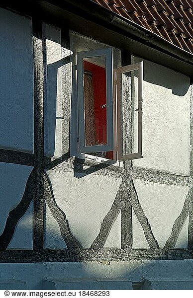 Open window on half-timbered house in the old town of Minden  Teutoburg Forest  Germany  Europe