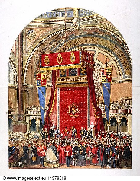 Opening of the International Exhibition of 1862 in the Crystal Palace by Queen Victoria"s cousin  George  Duke of Cambridge. Chromolithograph  London  August  1862.