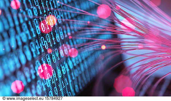 Optical fibers representing virus attacking computer
