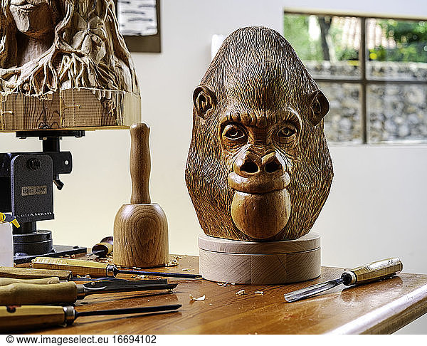 Orang-Utan-Kopf Holzskulptur von Hand geschnitzt