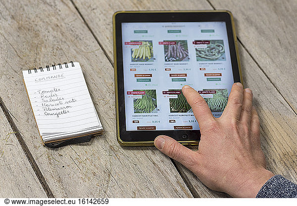 Order vegetable seed seeds using a digital tablet.