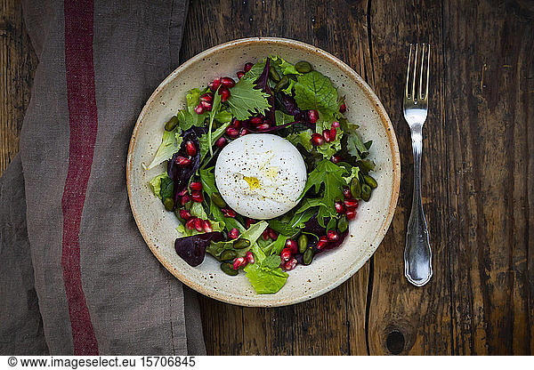Oriental salad with mint  pistachios  pomegranate seeds and burrata cheese