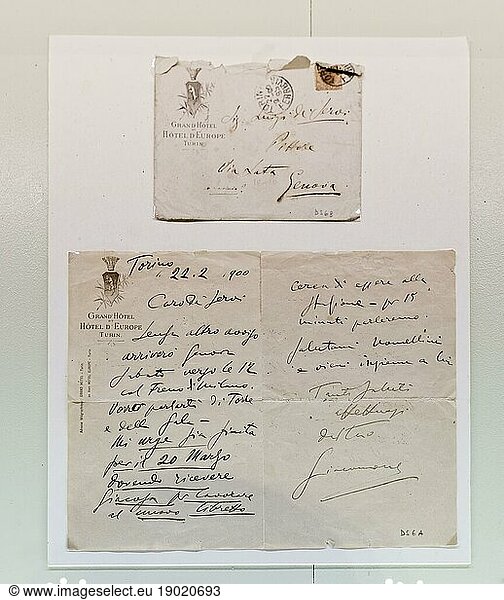 Original Brief mit Handschrift des Komponisten Giacomo Puccini an Luigi de Servi  Grandhotel Torino  22. Ferbruar 1900  Geburtshaus  Casa Natale di Giacomo Puccini  Lucca  Toskana  Italien  Europa