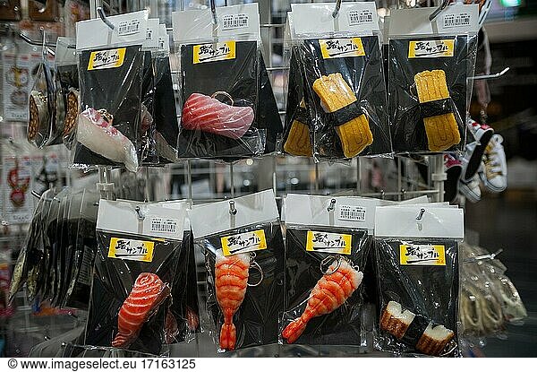 Osaka  Japan  Asia - Key chains in the shape of sushi bites imitations are displayed for sale at a shop at Kansai International Airport.