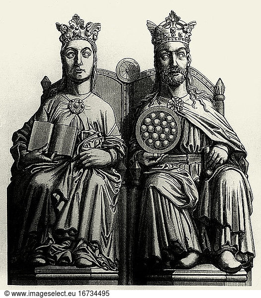 Otto I (the Great)  Emperor
23.11.912 – Memleben 7.5.973. Otto I and his wife Editha. Wood engraving  1879  after the seated statues  13.
Century  in the cathedral of Magdeburg.
