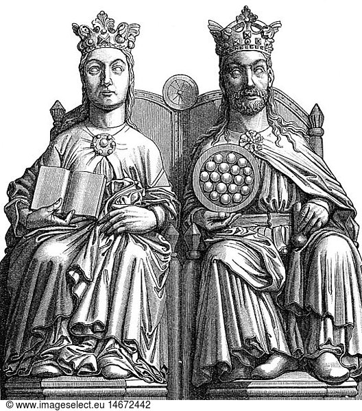 Otto I 'the Great' 23.11.912 - 7.5.973 Holy Roman Emperor 2.2.962 - 7.5.973 with first wife Edith sculpture Magdeburg Cathedral circa 1250 wood engraving 19th century