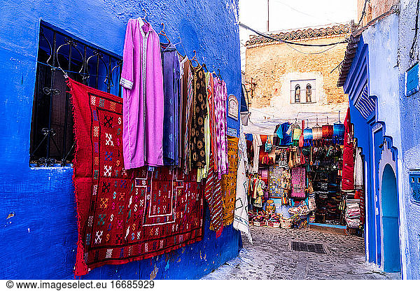 outdoor market on side street in blue city of Chefchaouen  Morocco