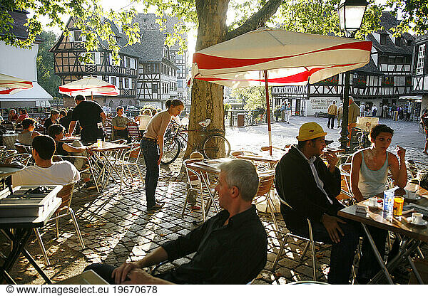 Outdoor restaurant in Strasbourg  Alsace  France.