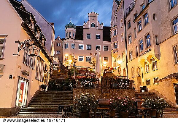 Outdoor staircase  outdoor seating areas of restaurants  blue hour  Kempten  Allgäu Alps  Bavaria  Germany  Europe