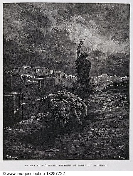 Outrage at Gibeah  the Levite carries his dead concubine away  Illustration from the Dore Bible 1866