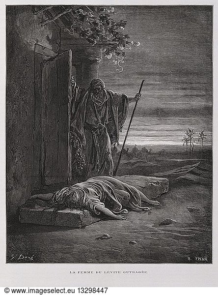 Outrage at Gibeah  the Levite carries his dead concubine away  Illustration from the Dore Bible 1866
