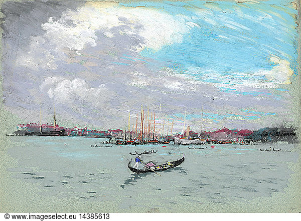 Outside Venice by Joseph Pennell  1857-1926  artist. dated 1908. Italy  Venice. As Wuerth described  "View of the vast Lagoon  outside Venice  under heavily clouded sky. Colours  Gray  brown  black  violet  blue  rose  orange  lavender  and white on bluish Gray paper." Large black gondola in centre foreground  other vessels behind.