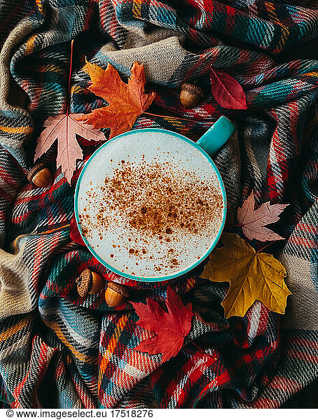 Overhead of pumpkin spice latte on plaid fall scarf with leaves