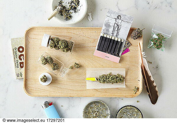 overhead shot of cannabis rolling station