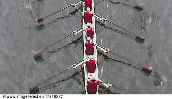 Overhead view of a crew rowing in an octuple racing shell boat  rowers  motion blur.