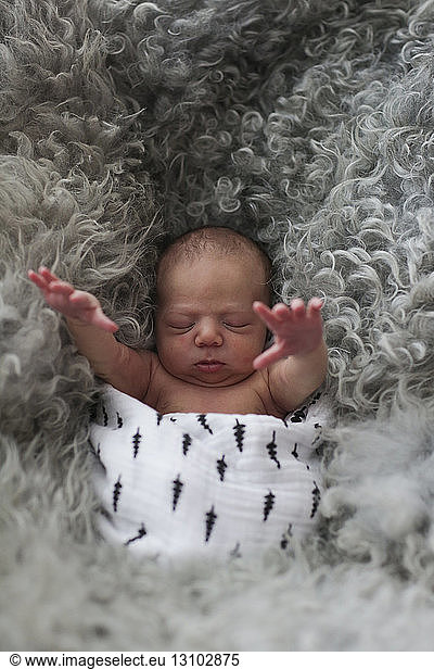 Overhead view of baby boy raising hands while sleeping on fur rug
